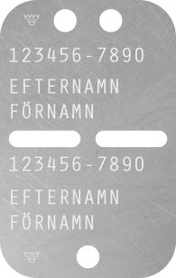 Mått: 38x60mm. 1mm rostfritt. Med lasergravyr.